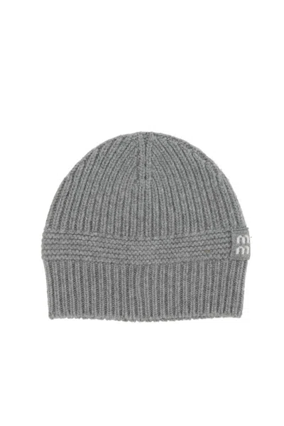 Miu Miu Dark Grey Stretch Wool Blend Beanie Hat In Gray
