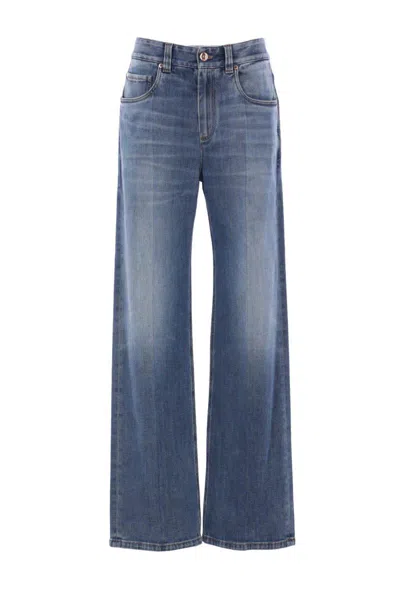 Brunello Cucinelli Blue Jeans With Logo Patch On The Rear And Faded Effect In Blue