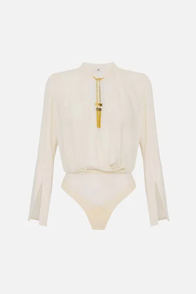 Elisabetta Franchi Bodysuit In Georgette Fabric With Jewel Details In White