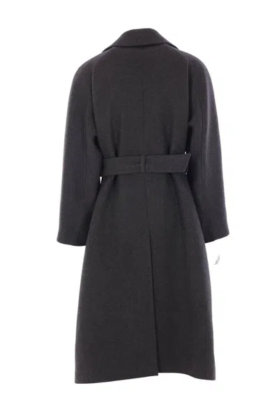 Saint Laurent Double-breasted Long Coat In Grain De Poudre In Gray