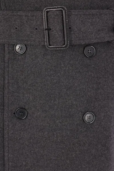 Saint Laurent Double-breasted Long Coat In Grain De Poudre In Gray