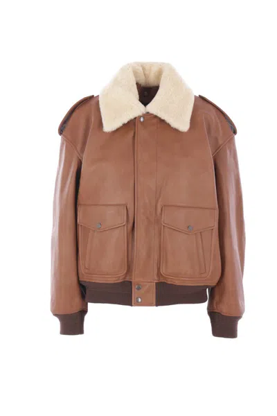 Saint Laurent Bomber Jacket In Hammered Leather And Shearling In Neutral