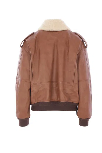 Saint Laurent Bomber Jacket In Hammered Leather And Shearling In Neutral