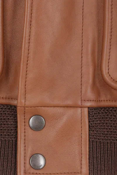 Saint Laurent Bomber Jacket In Hammered Leather And Shearling In Neutral
