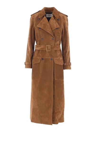 Saint Laurent Suede Trench Coat In Neutral