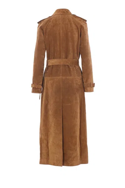 Saint Laurent Suede Trench Coat In Neutral