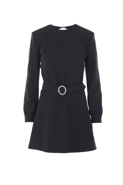 Saint Laurent Wool-cotton Belted A-line Mini Dress In Black