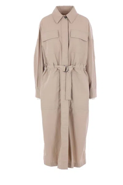 Brunello Cucinelli Long Jacket With Belted Waist And Pockets In Brown