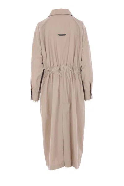 Brunello Cucinelli Long Jacket With Belted Waist And Pockets In Brown