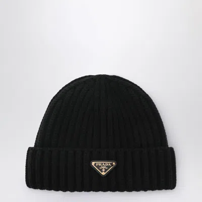 Prada Wool Beanie Hat Folded Cuff In Black