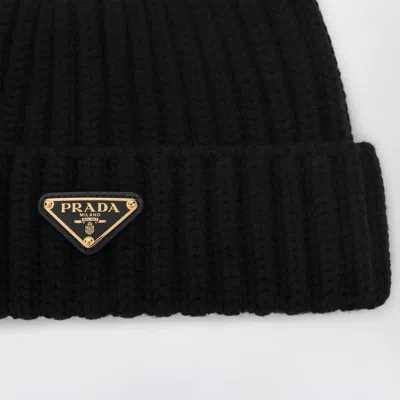 Prada Wool Beanie Hat Folded Cuff In Black