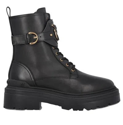 Pinko Chunky Platform Black Leather Boots With Decorative Buckle In Black