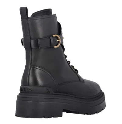Pinko Chunky Platform Black Leather Boots With Decorative Buckle In Black