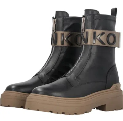 Pinko Stretch Leather Biker Lace-up With Gold Buckle In Black