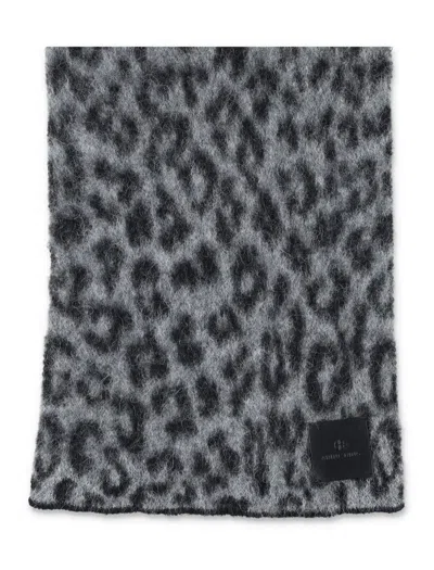 Anine Bing Rectangular Animal Pattern Scarf With Frayed Edges In Gray