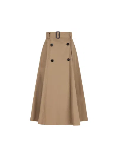 Burberry Beige Skirt With Adjustable Belt And Button Closure In Cotton Woman In Brown