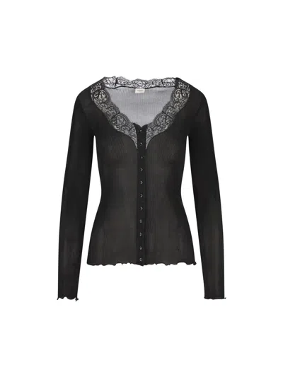 Saint Laurent Lace-trimmed Semi-sheer Silk Top In Black