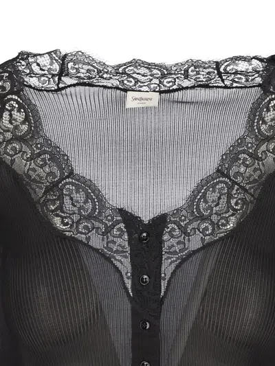 Saint Laurent Lace-trimmed Semi-sheer Silk Top In Black
