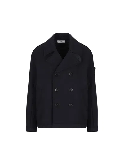 Stone Island Double-breasted Wool Peacoat In Black