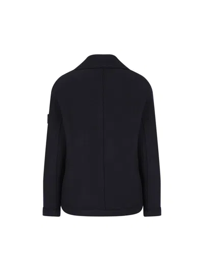 Stone Island Double-breasted Wool Peacoat In Black