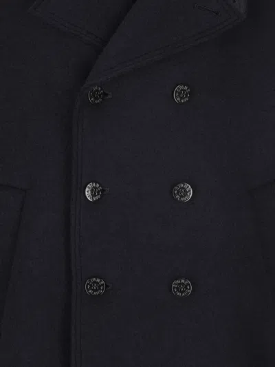 Stone Island Double-breasted Wool Peacoat In Black