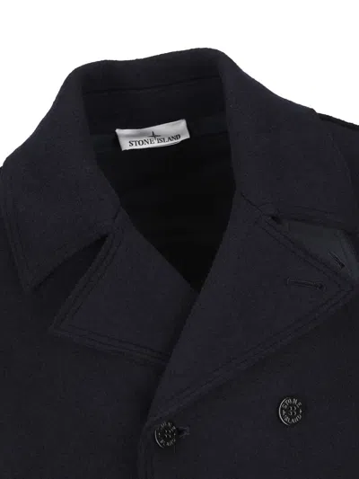 Stone Island Double-breasted Wool Peacoat In Black