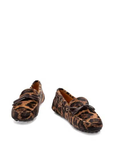 Tod's Leopard Print Leather Slip-on Loafers With Signature Rubber Outsole In Brown