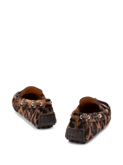 Tod's Leopard Print Leather Slip-on Loafers With Signature Rubber Outsole In Brown