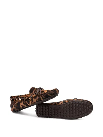 Tod's Leopard Print Leather Slip-on Loafers With Signature Rubber Outsole In Brown