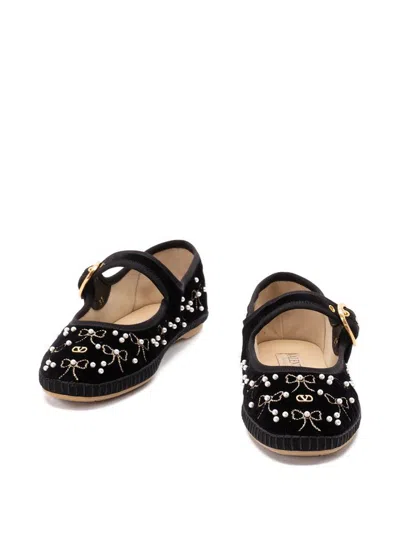 Valentino Endouce Embellished Grosgrain-trimmed Velvet Mary Jane Ballet Flats In Black