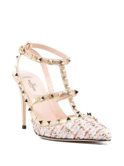Valentino Rockstud Caged 100 Tweed & Leather Pump In White