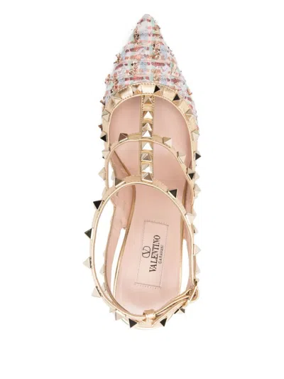 Valentino Rockstud Caged 100 Tweed & Leather Pump In White