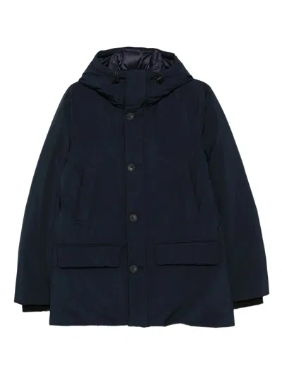 Woolrich Relaxed-fit Hooded Coat With Button Closure And Multiple Pockets In Blue