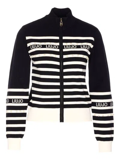 Liu •jo Pearl-embellished Striped Cardigan In Black