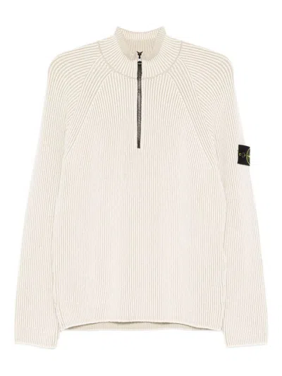 Stone Island White Sweater With Logo Patch On The Sleeve And Front Half Zip Closure In Wool Stretch Man In White