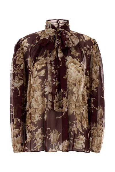 Dolce & Gabbana Chiffon Shirt With Rose Print In Brown