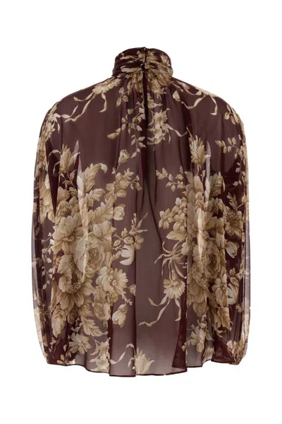 Dolce & Gabbana Chiffon Shirt With Rose Print In Brown