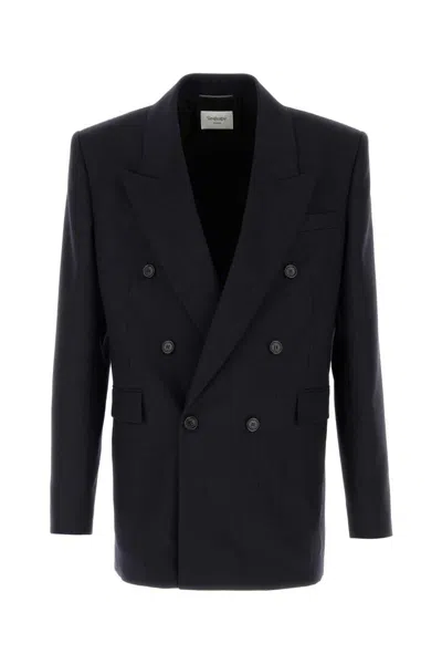 Saint Laurent Men Embroidered Flannel Blazer In Black