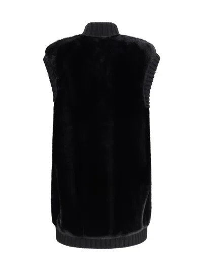 Pinko Genovese Black Sleeveless Vest With High Neck And Ribbed Details In Ecofur Woman In Black