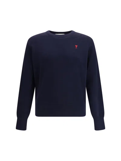 Ami Alexandre Mattiussi Ami Navy Blue Cotton Jersey Sweater With Signature Embroidered Motif In Blue