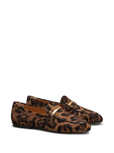 Tod's Brown Loafers With Logo Plaque On The Front And All-over Leopard Motif In Suede Woman In Brown