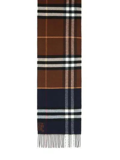 Burberry Cashmere Scarf With Checked Pattern And Fringed Edges In Blue