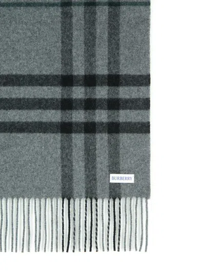 Burberry Cashmere Scarf With Check Pattern And Fringe In Gray