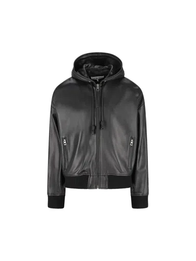 Loewe Leather Hooded Bomber Jacket In Black