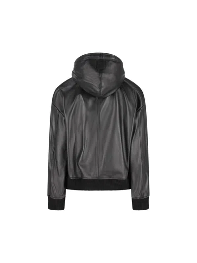 Loewe Leather Hooded Bomber Jacket In Black