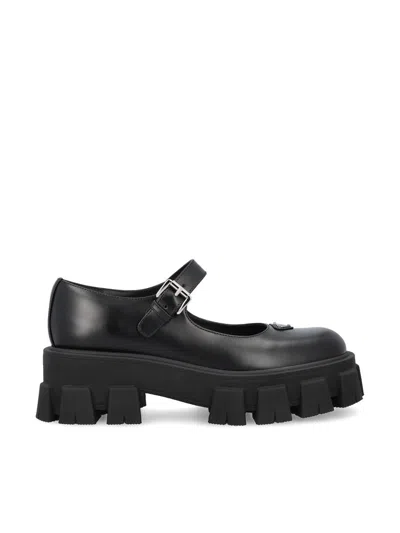 Prada Leather Logo Plaque Platform Flats In Black