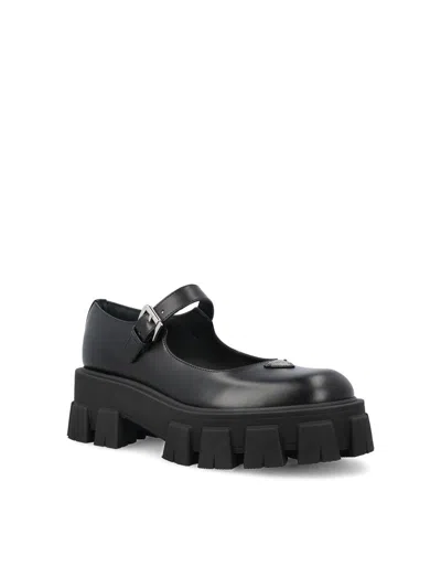 Prada Leather Logo Plaque Platform Flats In Black