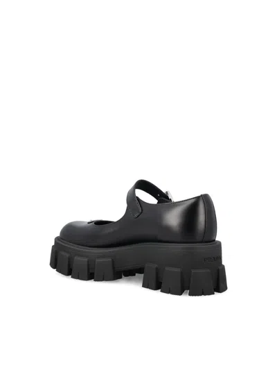 Prada Leather Logo Plaque Platform Flats In Black