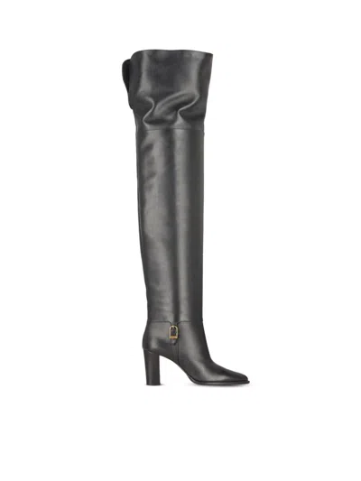 Saint Laurent 85mm Julia Leather Buckle-fastening Thigh-high Boots In Black
