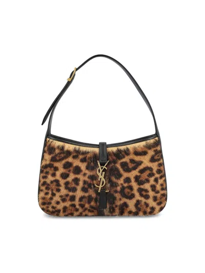 Saint Laurent Leopard Patterned Logo Plaque Tote Bag In Brown